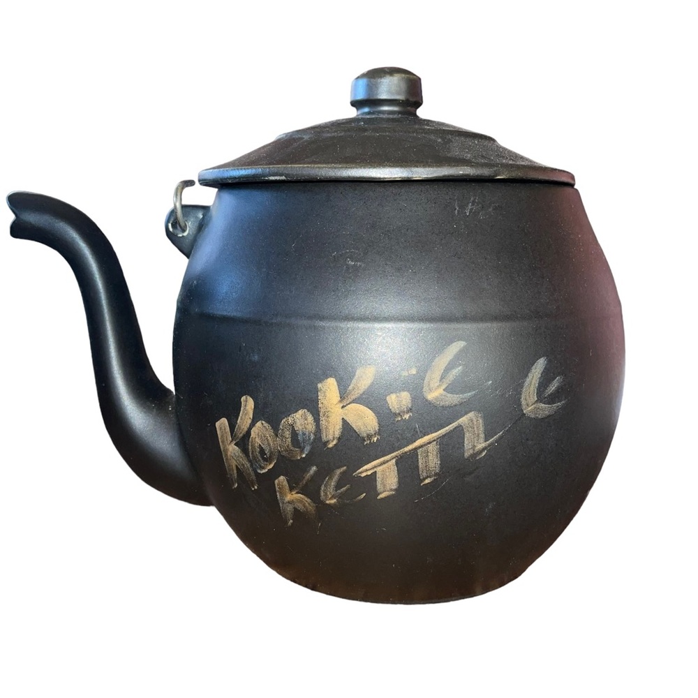McCoy KOOKIE KETTLE Black Ceramic Tea pot With Wire Handle USA Cookie Jar